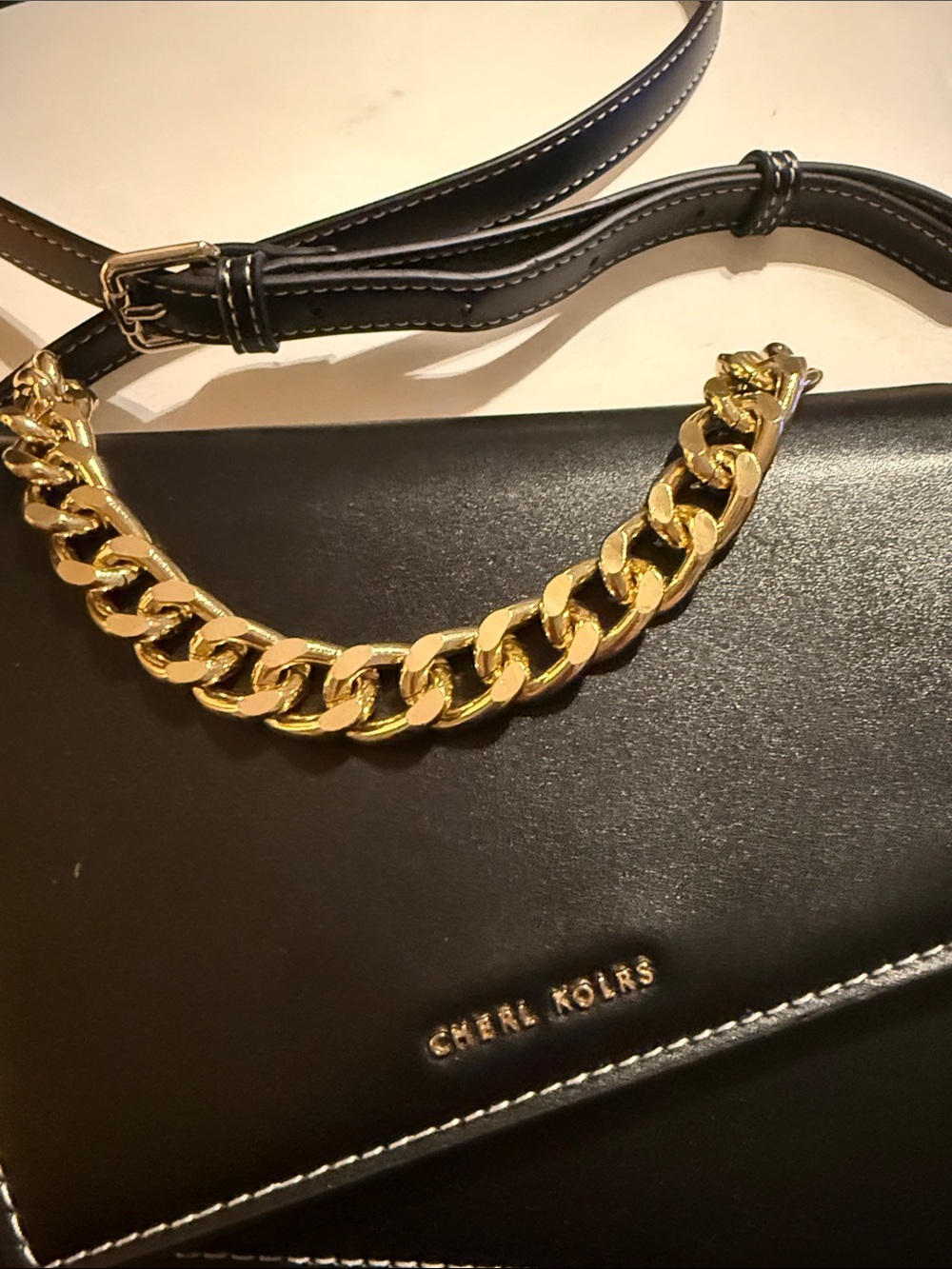 Black Crossbody Handbag with Gold Chain Accent - Picture 2 of 4